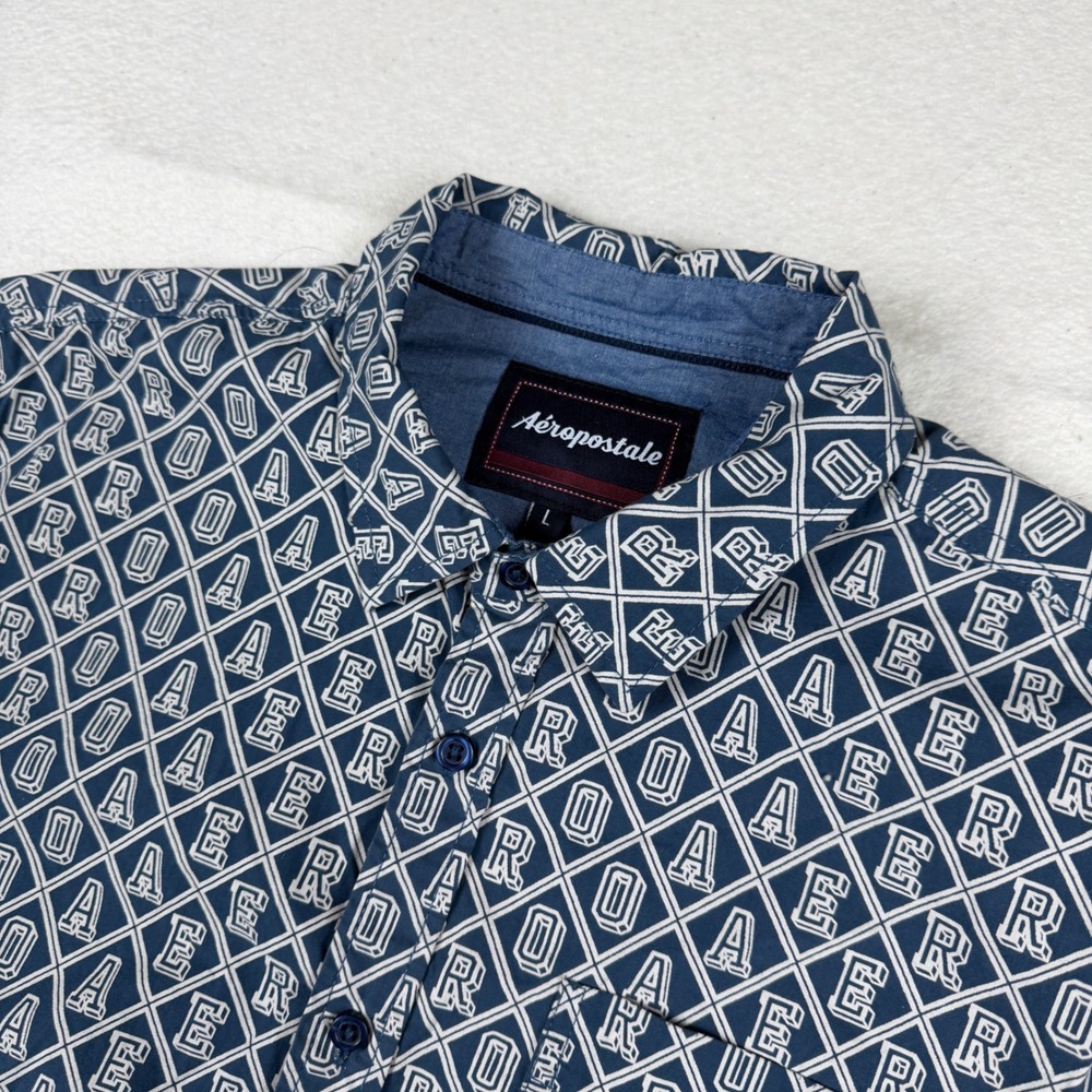 Aeropostale Mens Navy Blue Monogram AERO Print Short Sleeve Button Down Shirt L